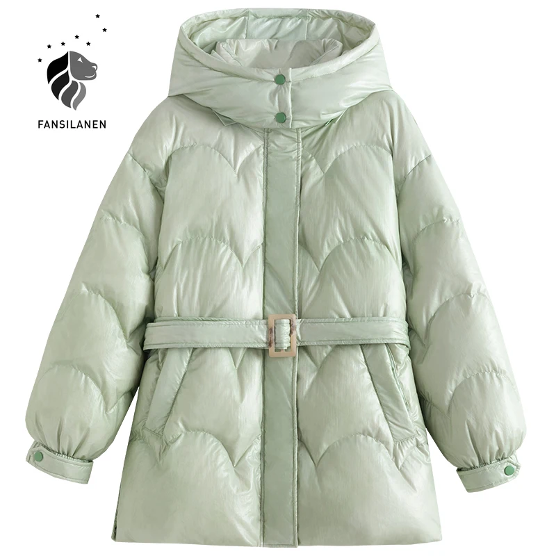 

FANSILANEN Discolor fashion green puffer down jacket Women autumn winter wram quilted coat Thermal feather light down parka 2020