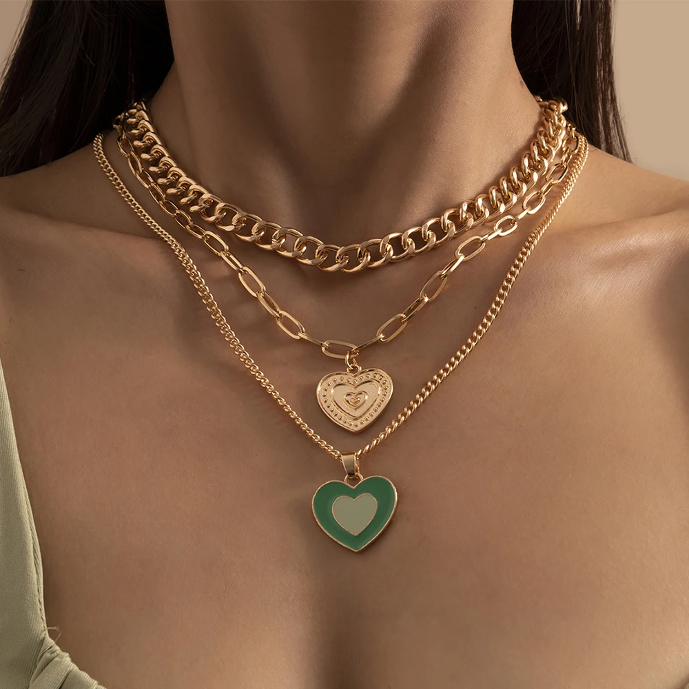 

Lacteo Vintage Multi Layered Double Love Heart Carved Coins Pendant Necklace 2021 Hip Hop Trendy Chunky Chain Choker Necklace