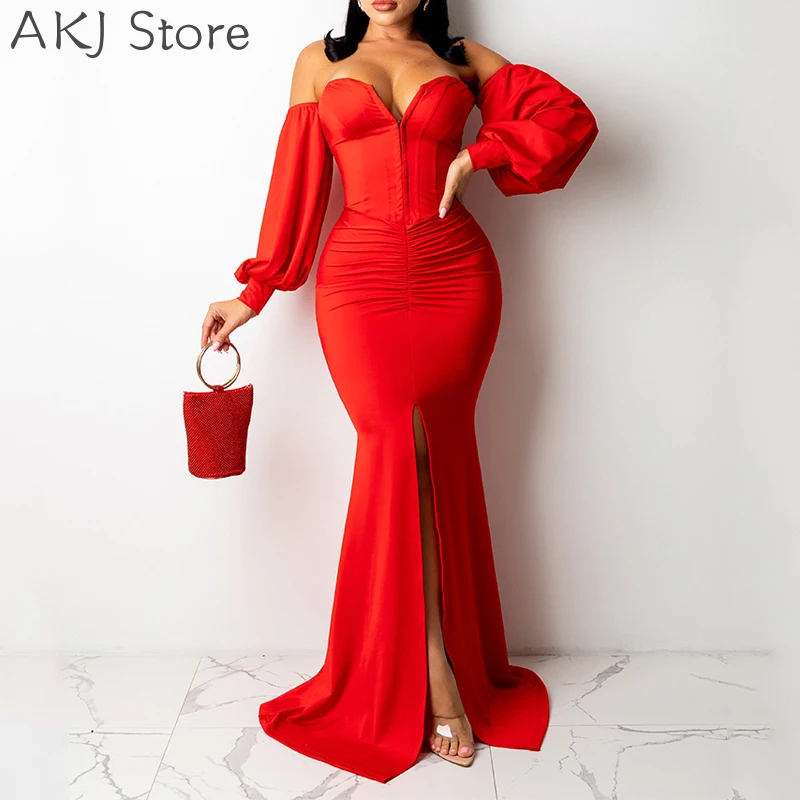 

Women Sey Solid Color Off Shoulder Lantern Sleeve Mermaid Party Dress