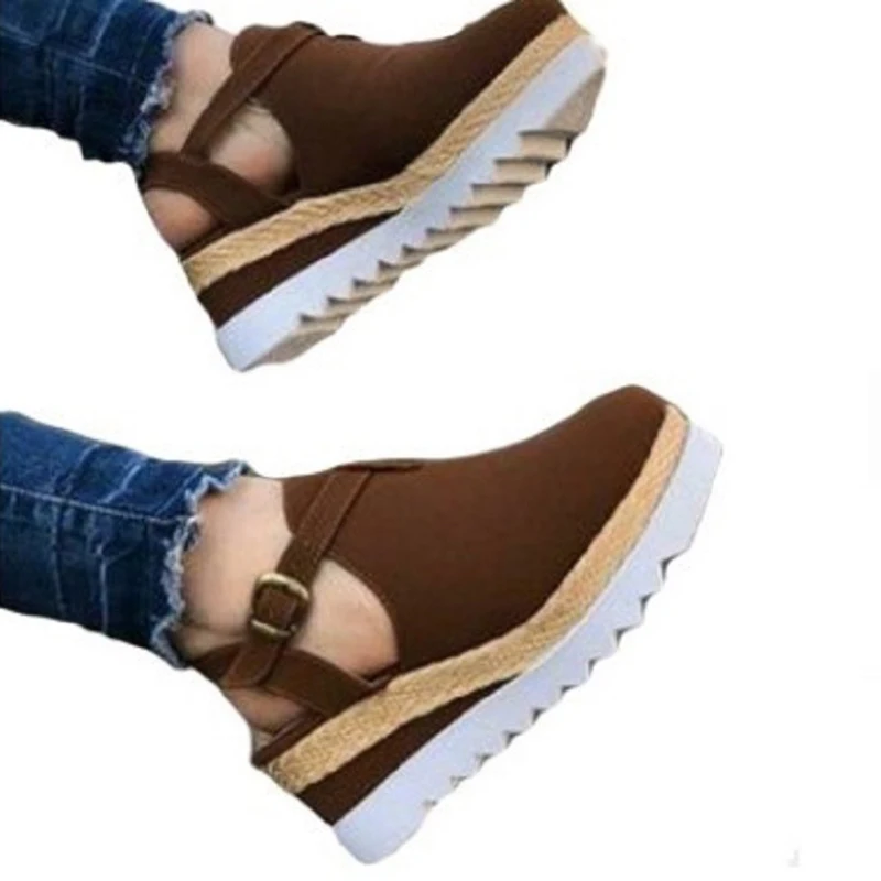 

Women's Vintage Sandals Buckle Strap Straw Thick Bottom Woman Shoes Wedges Platform Sandals Flock Female Hemp Shoes Summer 2021