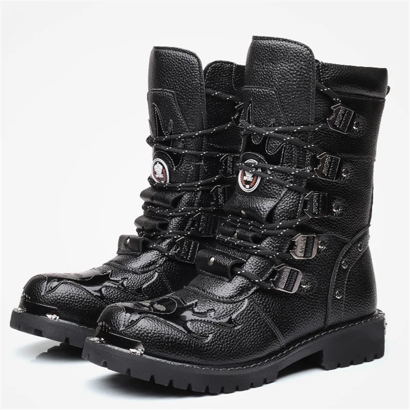 

Men Military Boots high quality leather Motorcycle boots Retro warm Knight boots Black Desert Combat Tactical Ankle Boots