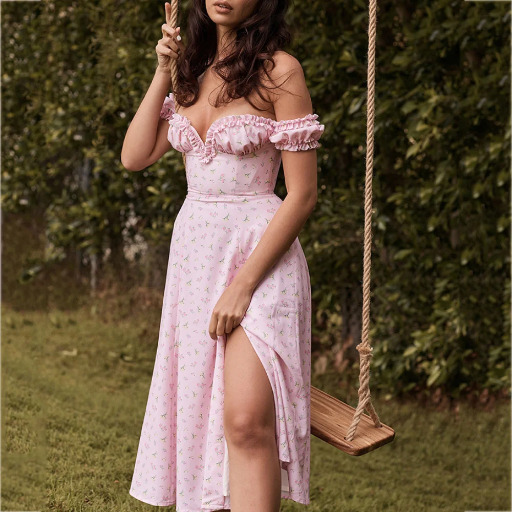 

Pink Off Shoulder Ruffles Maxi Dresses Sweet Woman Backless Party Split Holiday Summer Long Dresses for Women Party Wedding