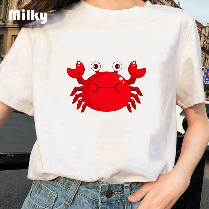 Женская футболка с принтом краба милые топы коротким рукавом и круглым вырезом