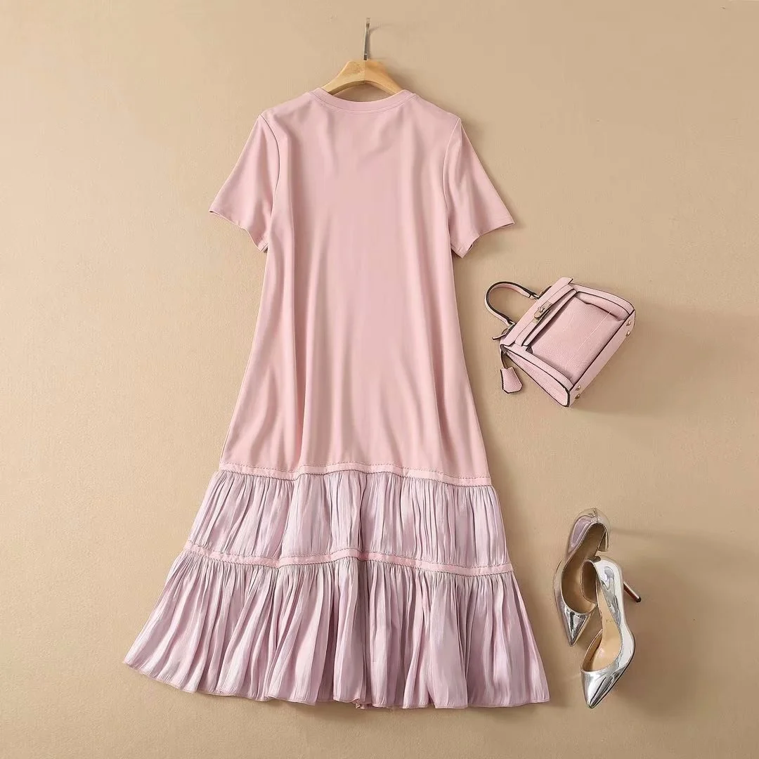 

High Quality 2021 Women's Newest Fashion Retro Short Sleeved Cotton Patchwork Pleated Loose Casual Dress