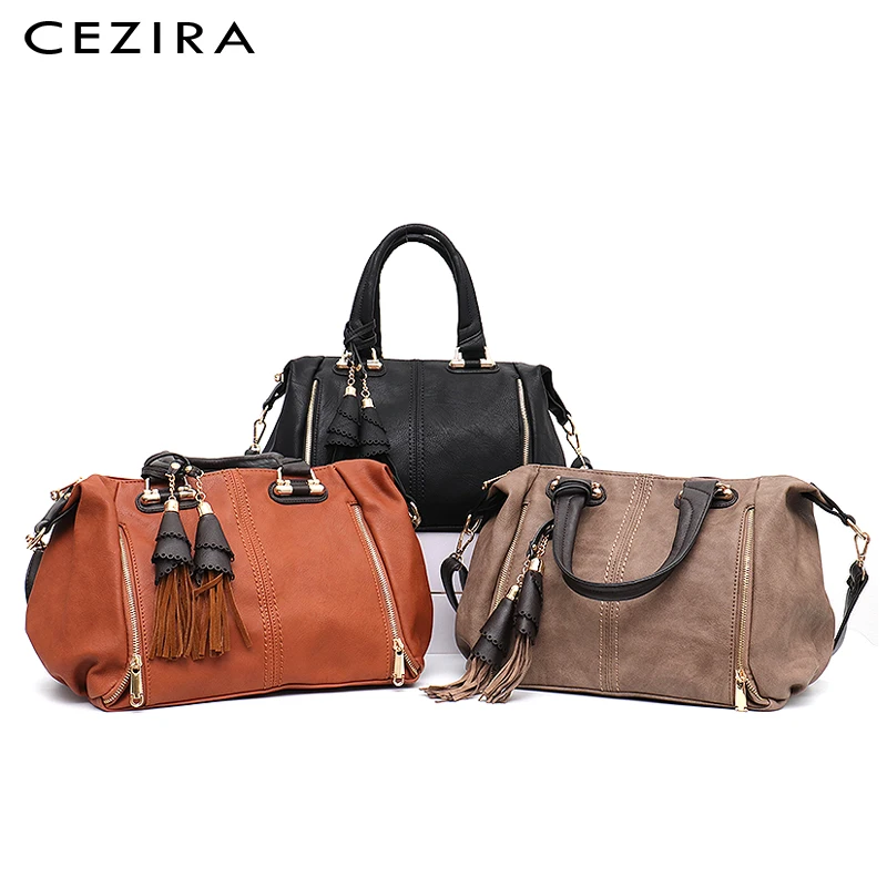 CEZIRA, роскошный фирменный дизайн, Бостонская женская сумка на плечо из Веганской кожи, Женская шикарная сумка из искусственной кожи с кисточками, женская модная сумка через плечо на молнии