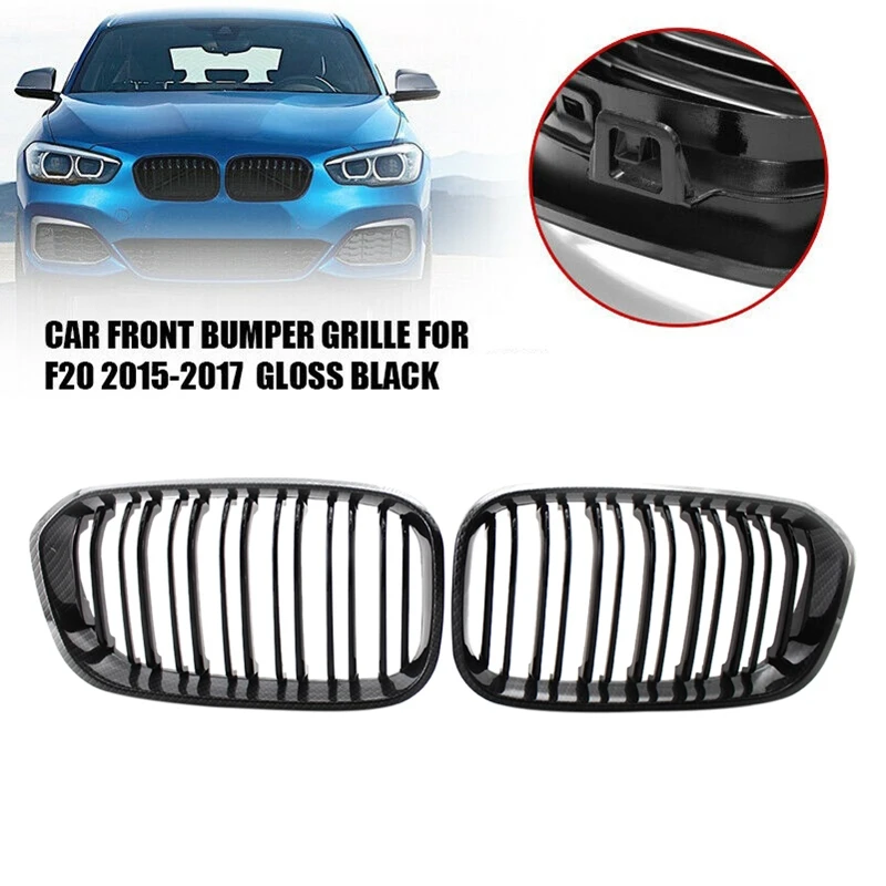 

2X Glossy Black Carbon Fiber Front Grill Double Line Kidney Grille For-BMW F20 F21 LCI 1 SERIES 2015-2017