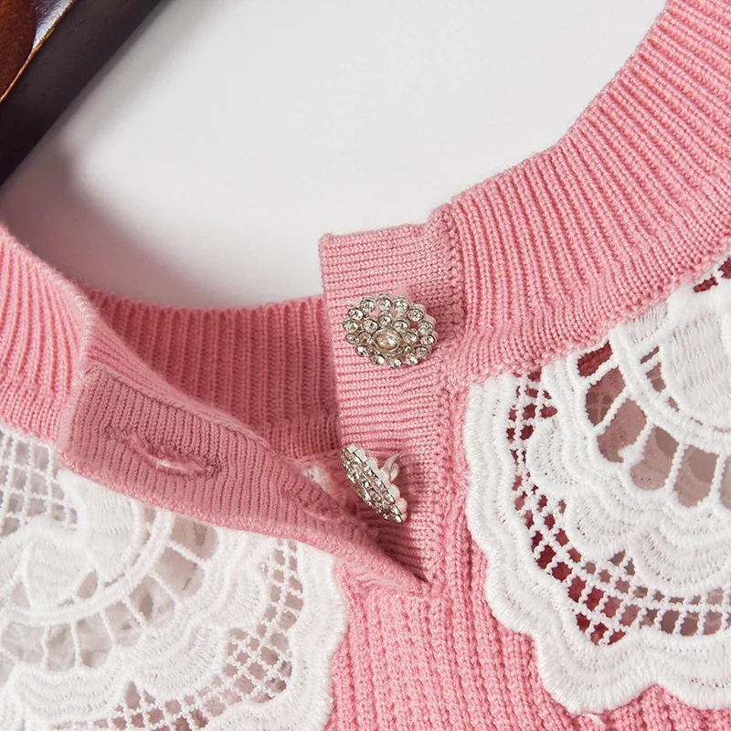 

Double Side Wearing Short PInk Knitted Shirt 2021 Summer Lace Collar Short Sleeve Bodycon Pullover Sweater Blusa Women Crop Tops