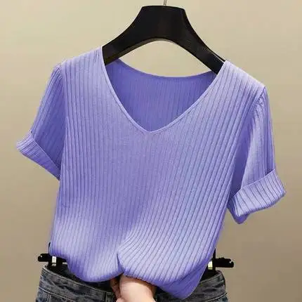 

HAN Summer new short-sleeved T-shirt women's ice silk knit sweater loose V-neck bottom with solid color thin and comfortable