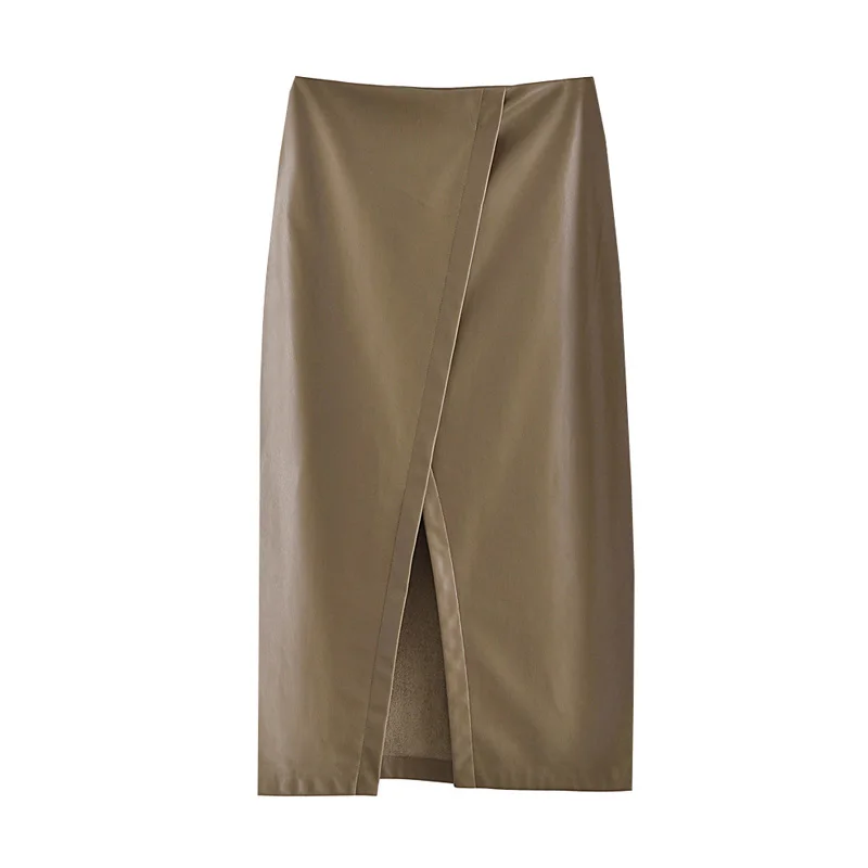 

Женская юбка-карандаш средней длины za, винтажная юбка из искусственной кожи с разрезом спереди, высокой талией и боковой молнией, 2021