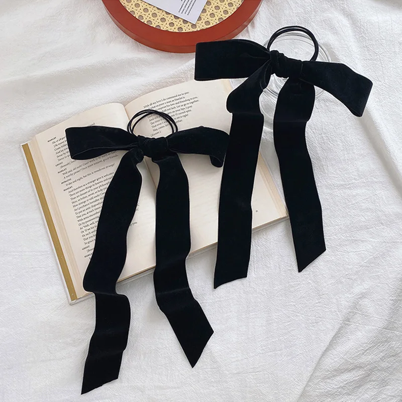 

Women Long Elastic Hair Tie Headwear Velvet Bow Hair Ribbon Girls Scrunchie Vintage Black Bow Hair Rope Female Hair Accessories