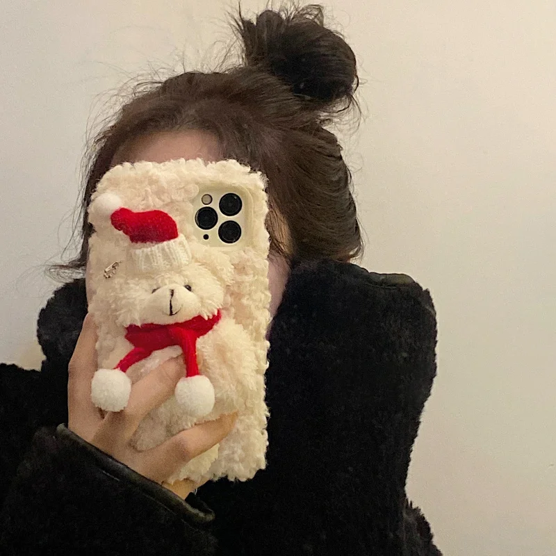 

Милый пушистый Рождественский медведь плюшевый чехол для телефона iPhone13 11 12Pro XS Max X XR 7 8Plus мультяшный Пушистый Зимний мягкий ударопрочный чех...