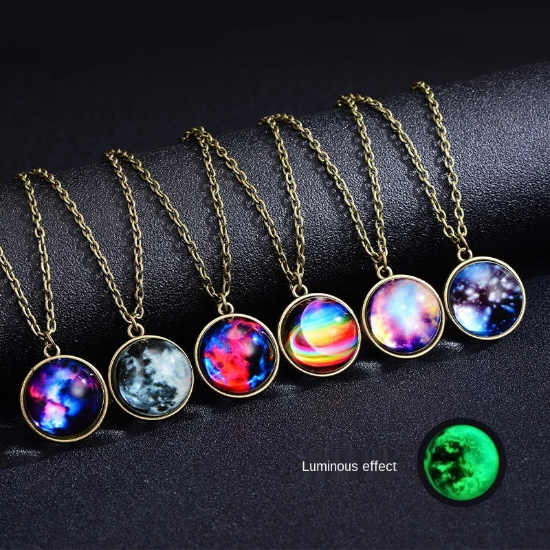 

New Men's Double-sided Glass Ball Luminous Couple Necklace Solar System Universe Fantasy Starry Retro Pendant 1pcs