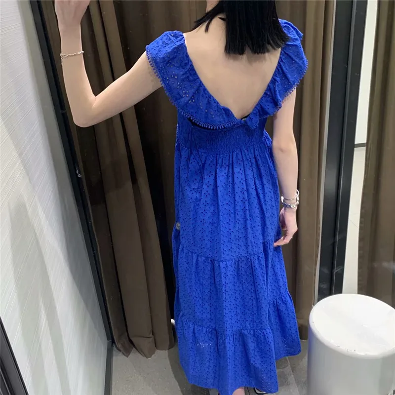 

ZA Embroidered Openwork Strappy Long Dress Women Ruffle Straps Backless Sexy Party Dresses Smocked Elastic Embroidery Blue Dress