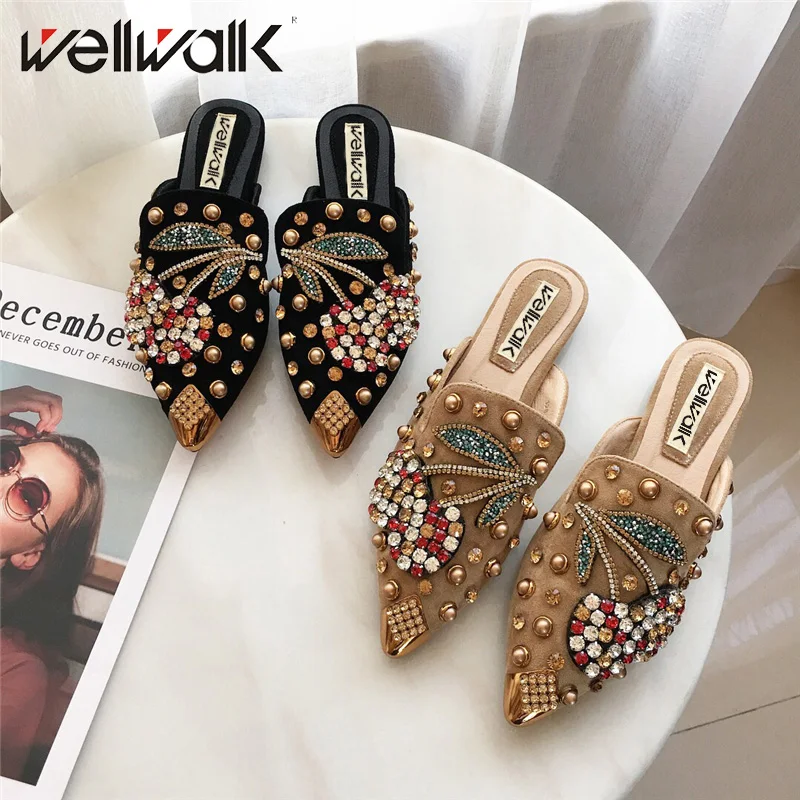 

Женские мюли Wellwalk, дамские тапочки, обувь с кристаллами и заклепками, женская обувь, зимние домашние тапочки, женская обувь на весну