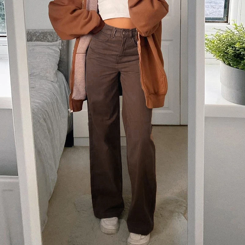 Vintage Y2K Joggers Women Cargo Pants 90s Streetwear Caramel Brown Low Waist E-girl Aesthetic Loose Straight Trousers Female
