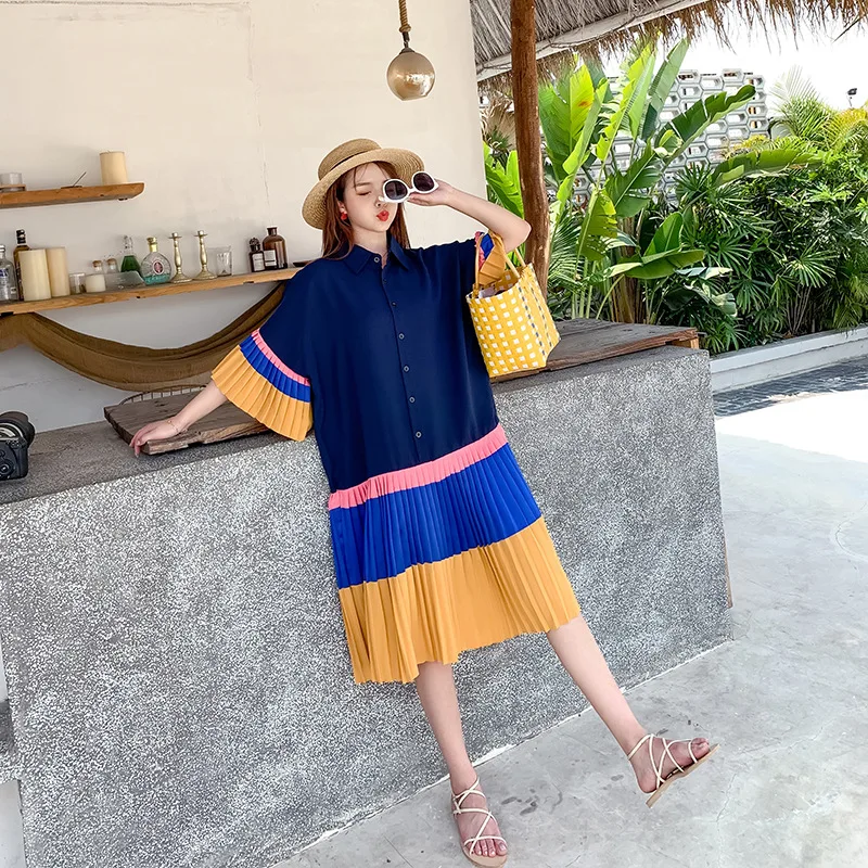 2021 Summer New Korean Loose Thin Plus Size Color Matching Dress Casual All-match Western Style Women T-shirt Tide Free Shipping