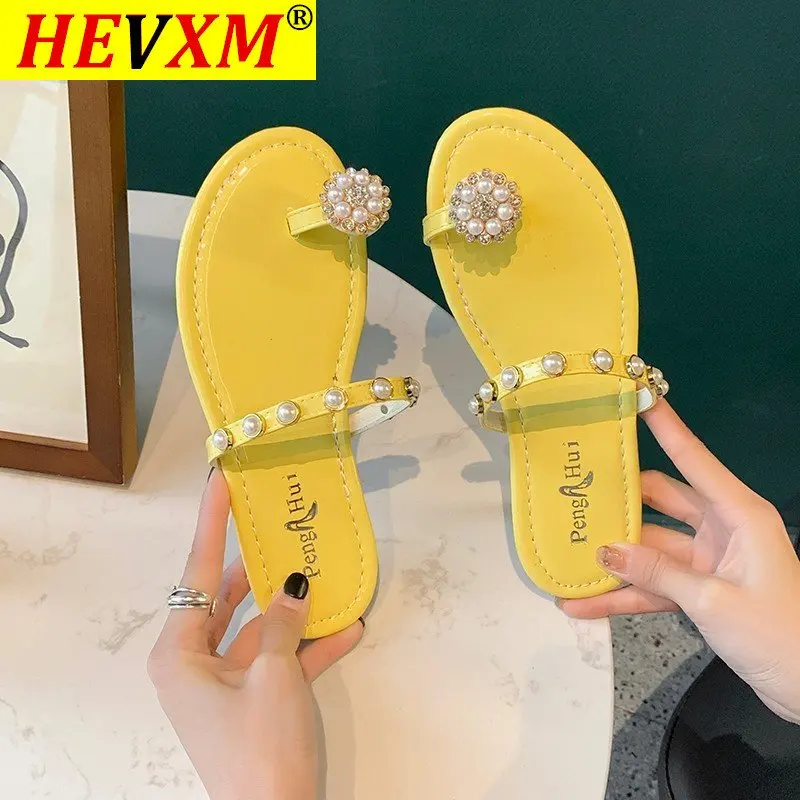 

2021 Summer Net Red Pineapple Pearl Slippers Women's Toe Outside Wear Beach Holiday Fairy Flats Flip Flops Rhinestone Sandals