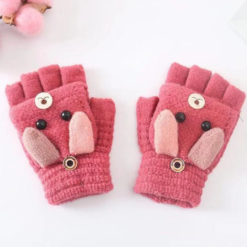

New Cartoon Children Mitten Winter Warm Knitted Gloves Kids Boys Girls Cashmere Flip Half Finger Mittens Gloves For Children