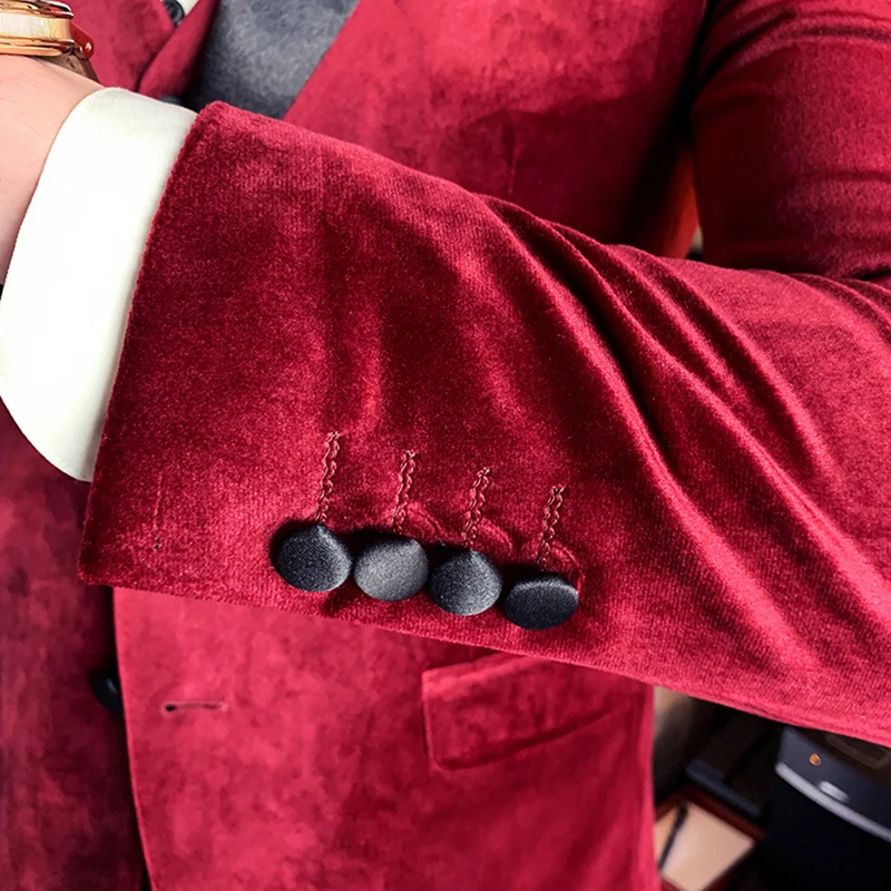 Зимние Бархатные мужские костюмы платье толстый винно красный черный