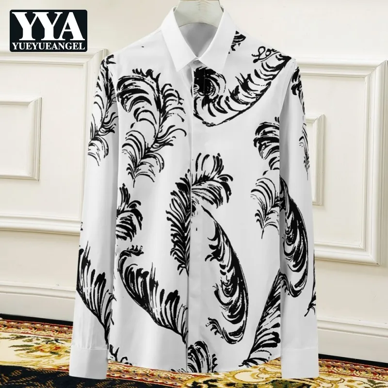 Feather Print Men Shirts Slim Fit Long Sleeve Casual Shirts Spring Summer New Single Breasted Tops Shirts Brand Clothing 38-48