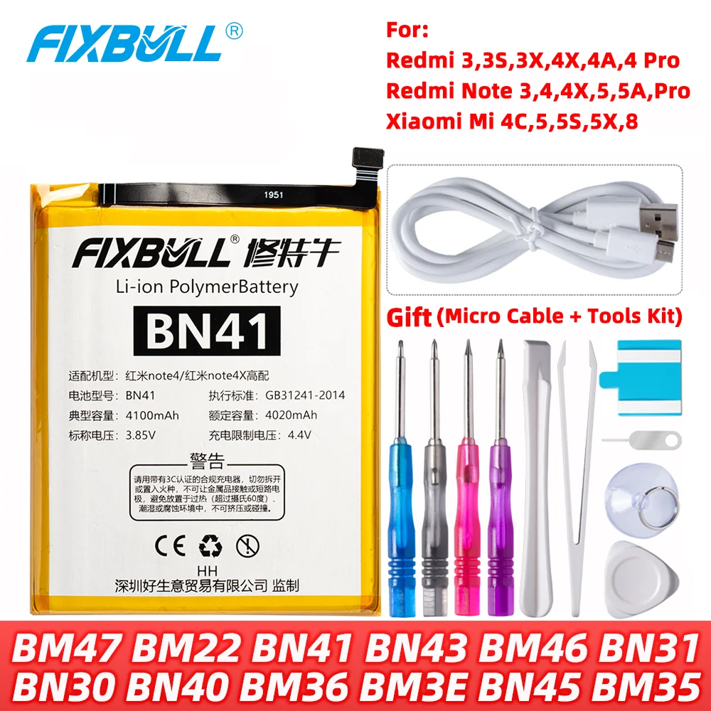 Аккумулятор FIXBULL BN41 BN43 BM22 BM46 BM47 BN31 для Xiaomi Redmi 4 Pro 3 3S 3X 4X 4A Note 5 5A Mi 5X 4C 5S 8 Mi5