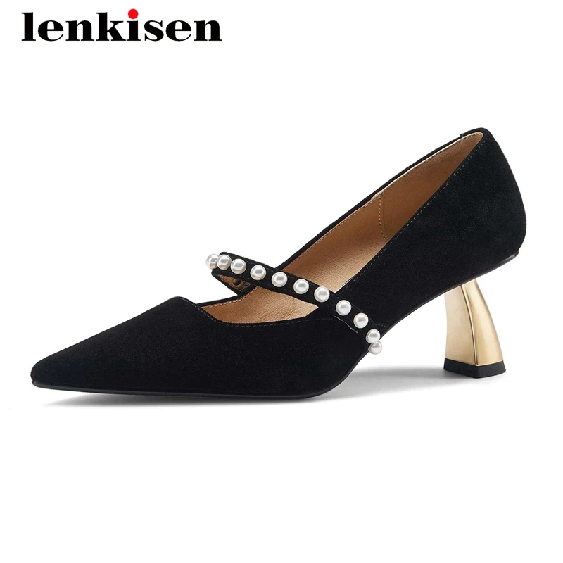 

Lenkisen gladiator sheep suede high quality pearl decorations pointed toe high strange heel slip on mature noble women pumps L38