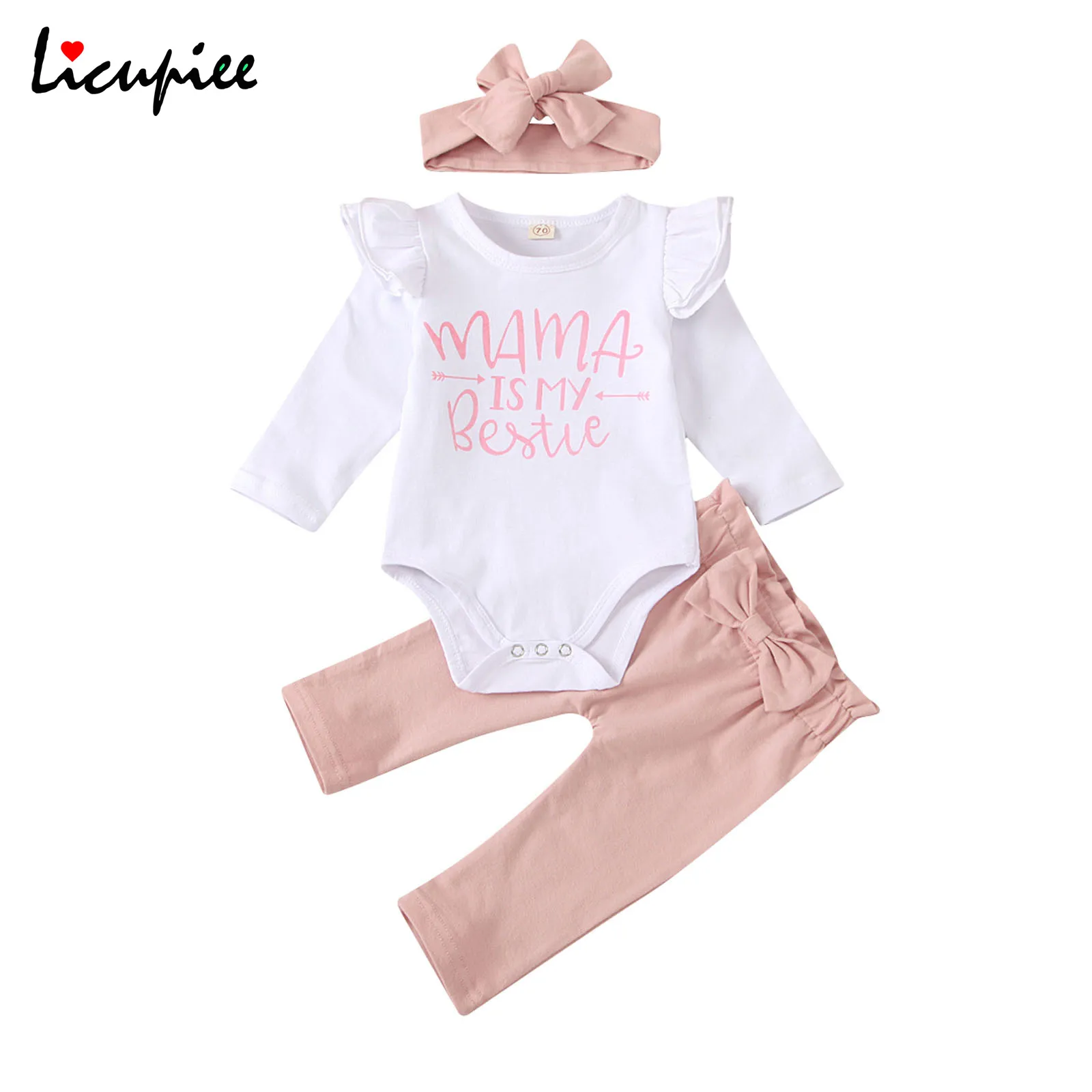 

Теплый костюм для новорожденных девочек, кружевной топ с длинными рукавами и буквенным принтом, однотонные длинные брюки с бантом и лентой ...