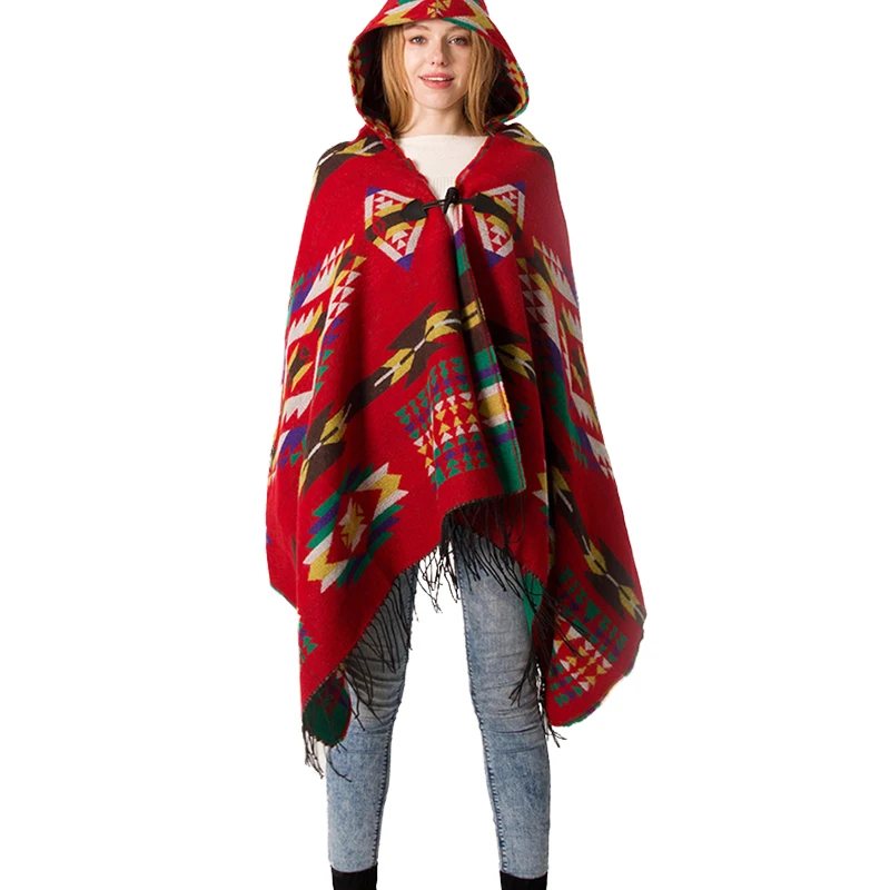 Зимнее теплое пальто женские шали с капюшоном в стиле бохо накидки пончо вязаные