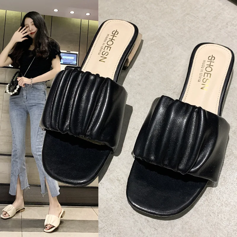 

Woman Summer Cloud Slippers Leisure Flats Block Heels Shoes Ladies Square Toe Slides Outdoor Female Fashion Design Beach Sandals