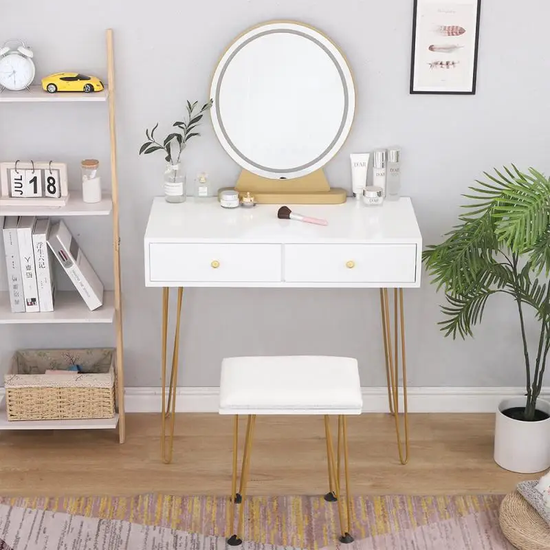 

A Set Of Two Drawers Dressing Table Main White And Auxiliary Logs With Led Lights With Stool Paint Nordic Style 80*40*135CM HWC