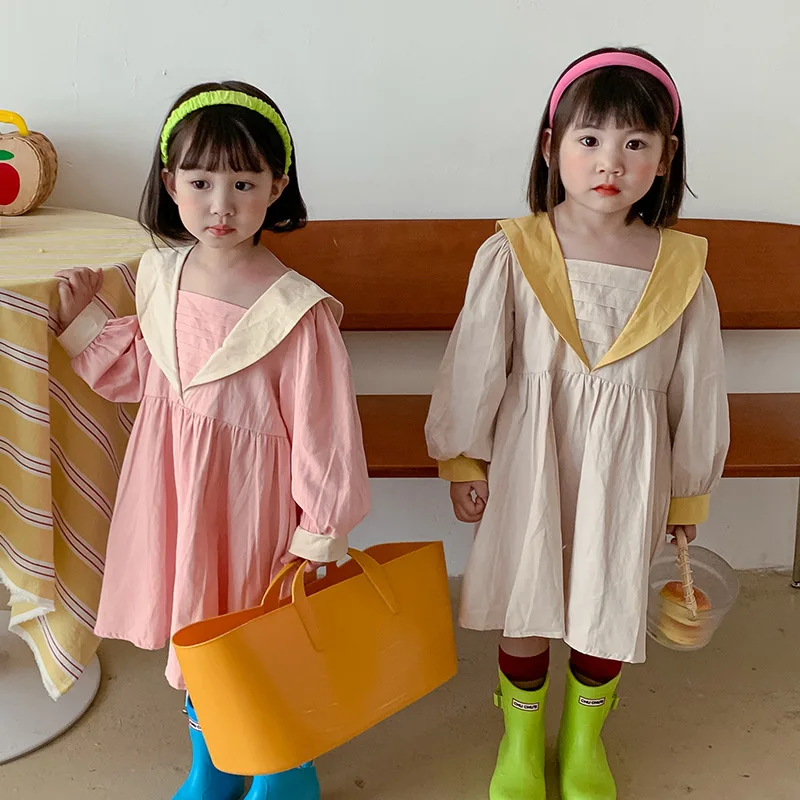 

Korean children's V-neck pleated girls' dress foreign style long sleeved princess skirt 1-6-year-old girl's color matching dress
