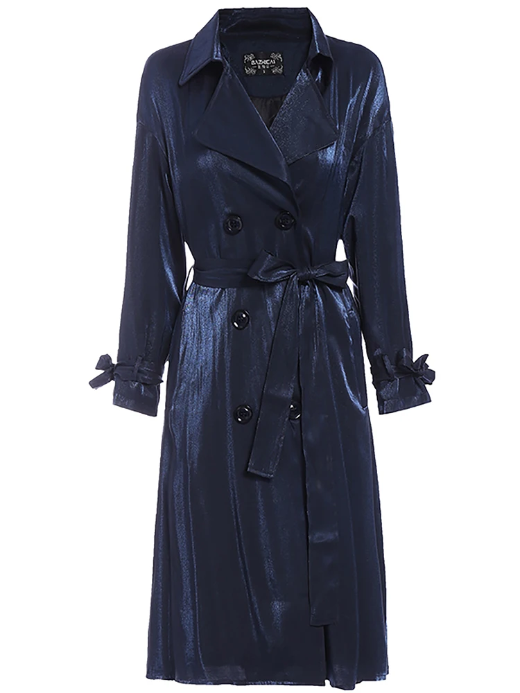 

Elegant Dark Blue Women Trench Coat Double Breasted Long Sleeve Midi Female Windbreaker With Sashes Office Lady Outerwear