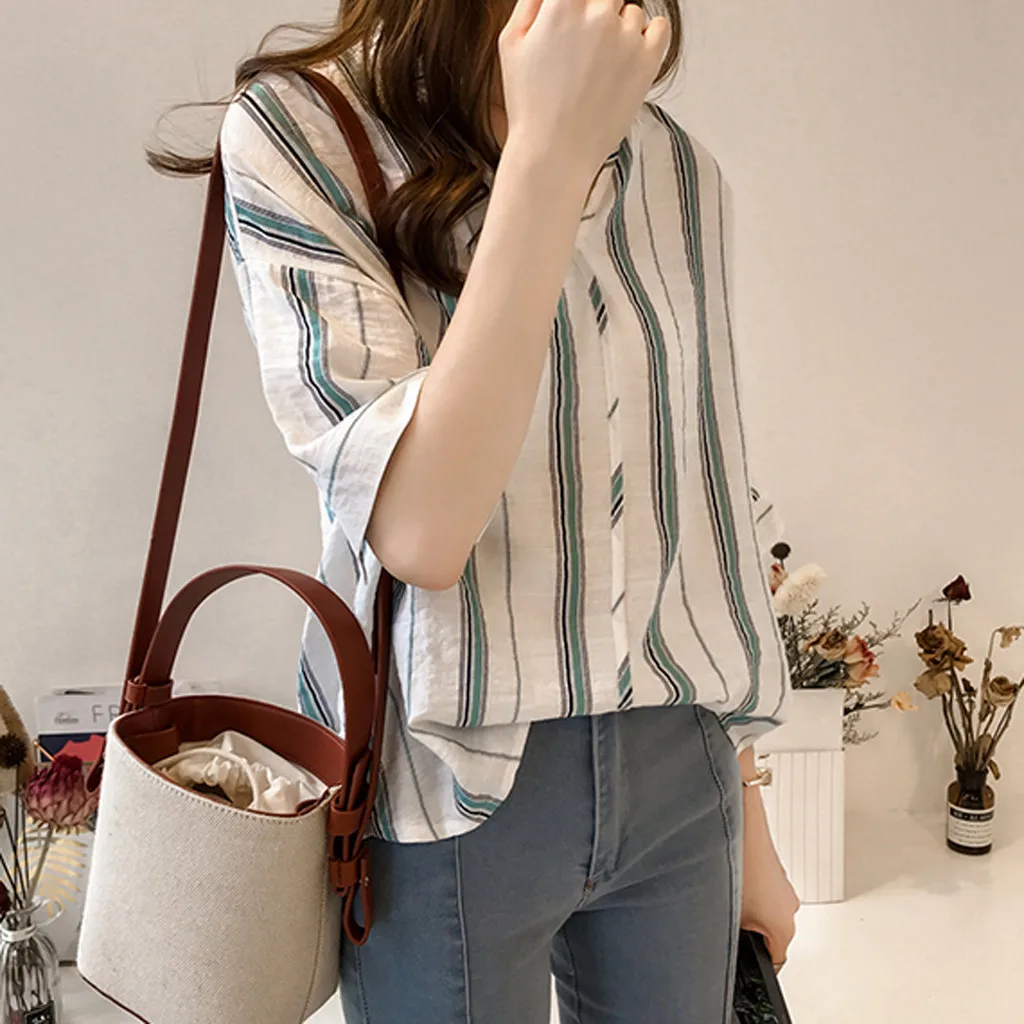 Женская Повседневная рубашка из хлопка и льна с v образным вырезом в полоску