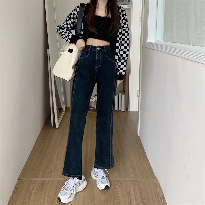 

DD0423 New retro design sense open-line high-waisted thin loose wide-leg trousers jeans