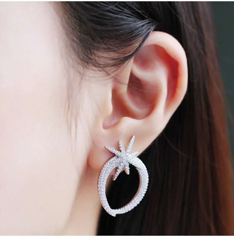 Женская Асимметричная серьга New Moon с восьмиконечной звездой из стерлингового