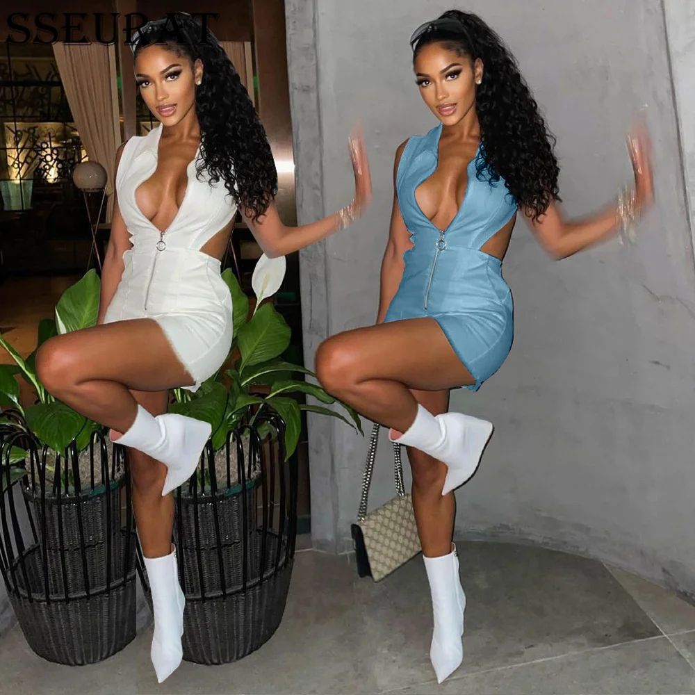 

SSEURAT Women Playsuit Sexy Lapel Zipper Cut Out Playsuit Summer Women's Fashion Nightclub Club Jumpsuit