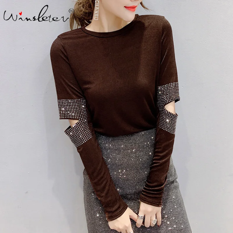 Дизайн 2020 женская футболка с бриллиантами на рукавах с вырезами, хлопковая футболка для весны, базовые Топы T02408B