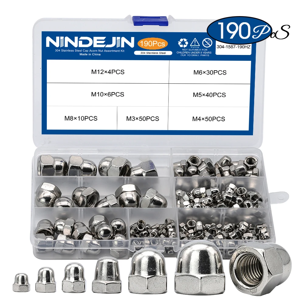 NINDEJIN 190 шт. желудь Гайка m3 m4 m5 m6 m8 m10 m12 Нержавеющая сталь шестигранные Dome Кепки