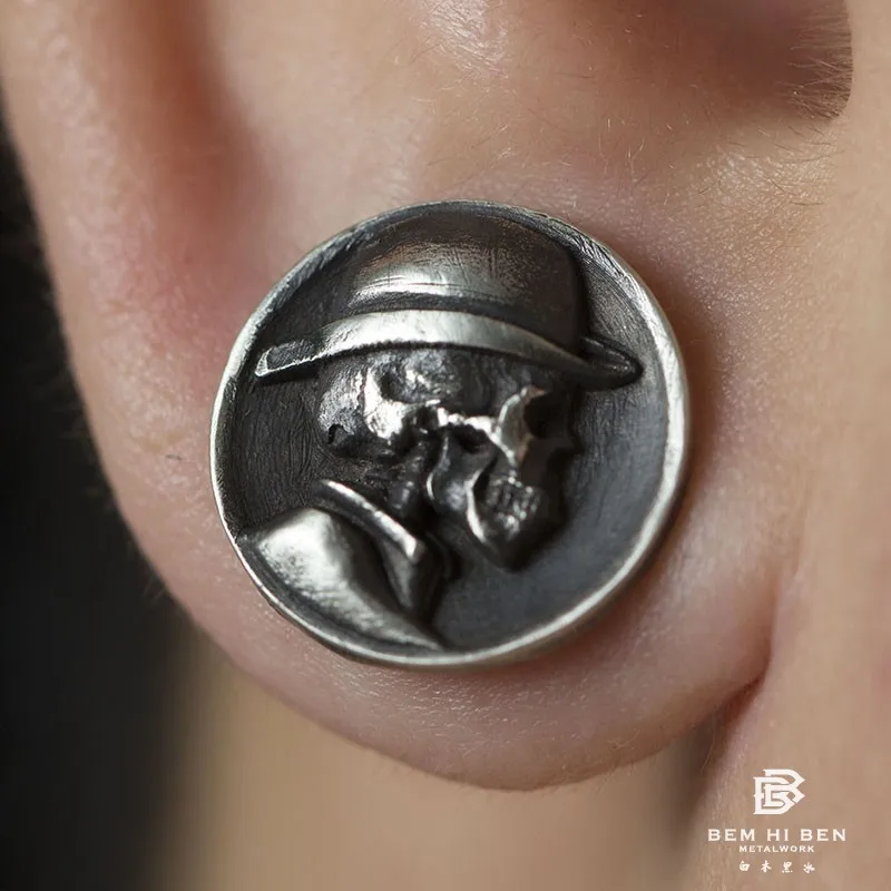 

BEM HI BEN Men's Women's Earrings Ear Studs Skull coin 925 sterling silver Original design Hand made Biker Punk dark