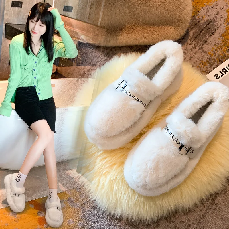 

Cotton-padded shoes Autumn and winter new fleece pea shoes thick soles warm one button snow cotton short hair shoes