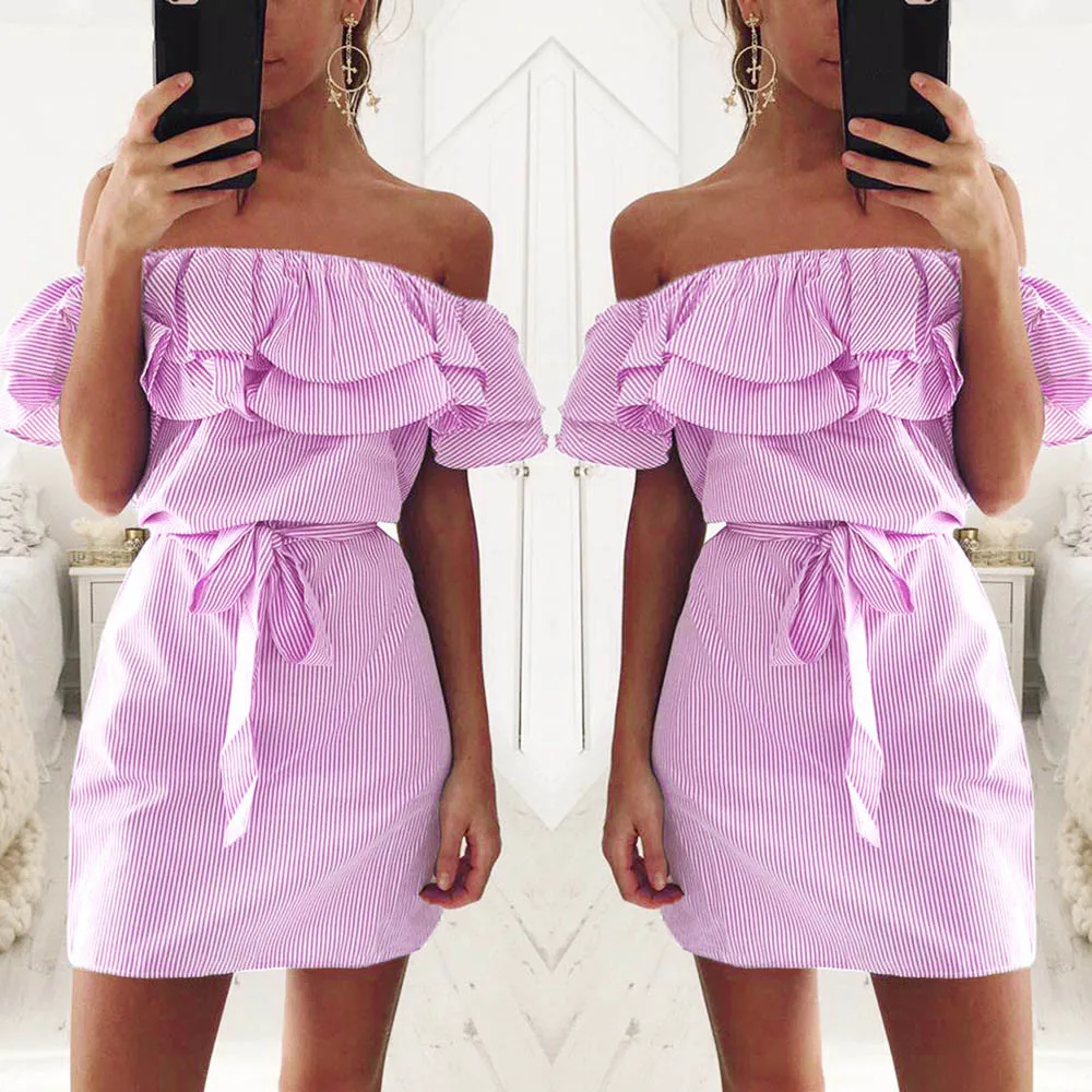 2019 модное женское летнее платье в полоску с открытыми плечами и рюшами поясом
