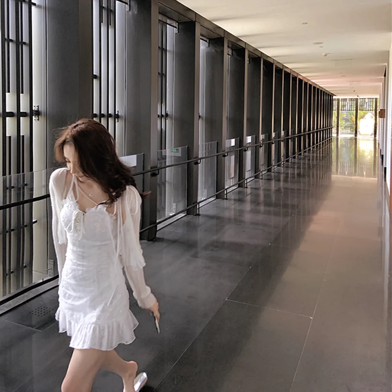 Пикантное белое кружевное платье с японским бантом женское летнее корейское