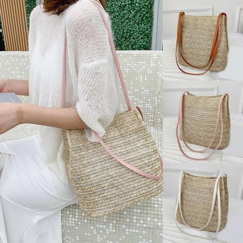

Bucket Straw Beach Bags Vintage Woven Shoulder Bohemian Summer Handbag Women Tote Designer Bag