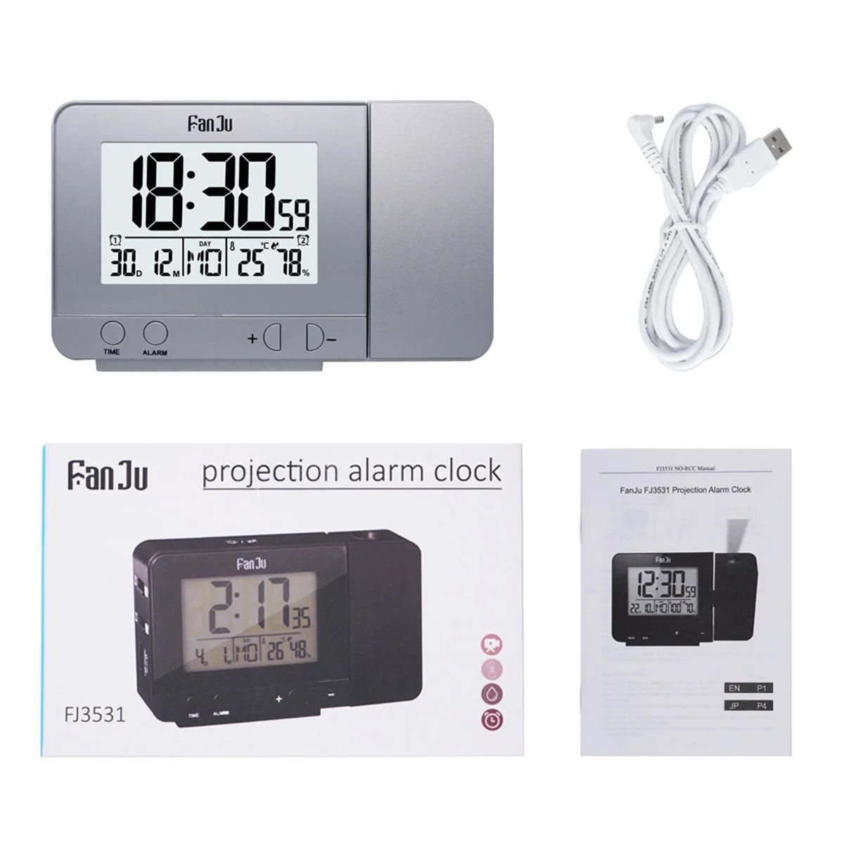 

Dual Alarm Projection Function 3 Levels Backlight Selectable Calendar USB Charging Clock