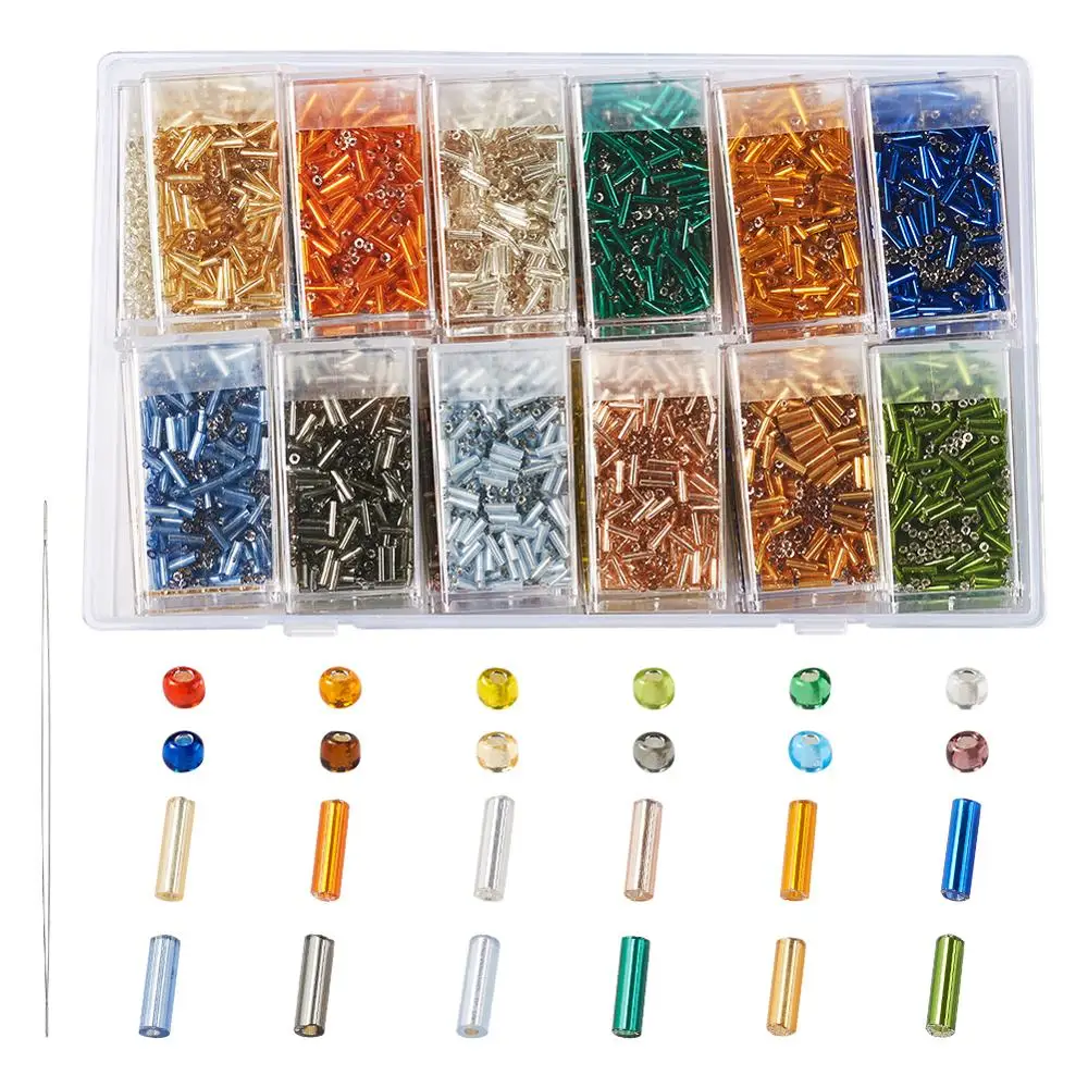 

1 Set Mix Color Round Hole Lined Glass Bugle Beads with Stainless Steel Big Eye Beading Needles jewelry making accessorie