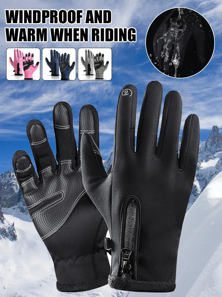 

Cycling Gloves Windproof Warm Glove Fleece Lining Winter Waterproof Zipper Touch Screen Gloves Anti-Slip Outdoor Sports Fishing