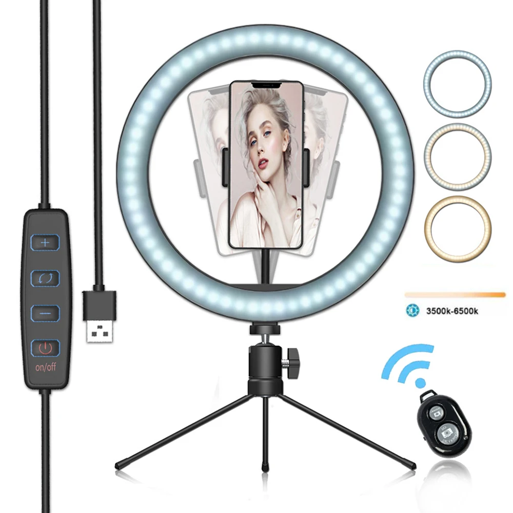 

LED Ring Light Dimmable Desktop Fill in Light 3 Modes 10 Brightness Levels with Mini Tripod Phone Holder for Makeup Photography