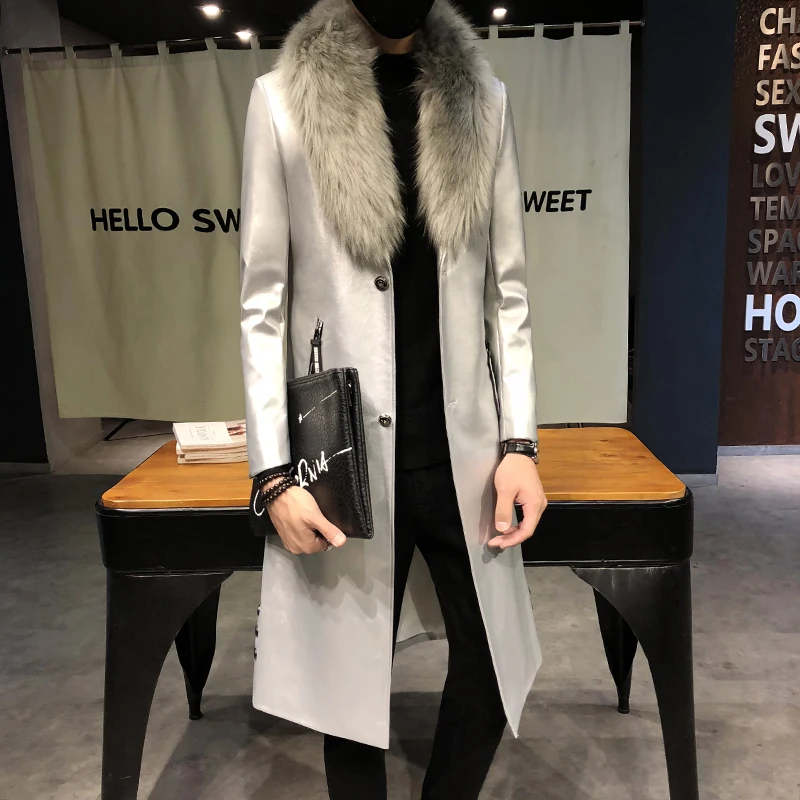 Для мужчин пальто роскошный Veste Homme золотые длинные Slim Fit Chaqueta Cuero Hombre большой