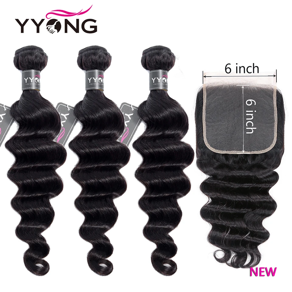 

YYong Loose Deep Wave Bundles With 6x6 Closure Remy Peruvian Human Hair Weave 3 Or 4 Bundles With Pre-plucked Frontal Closure