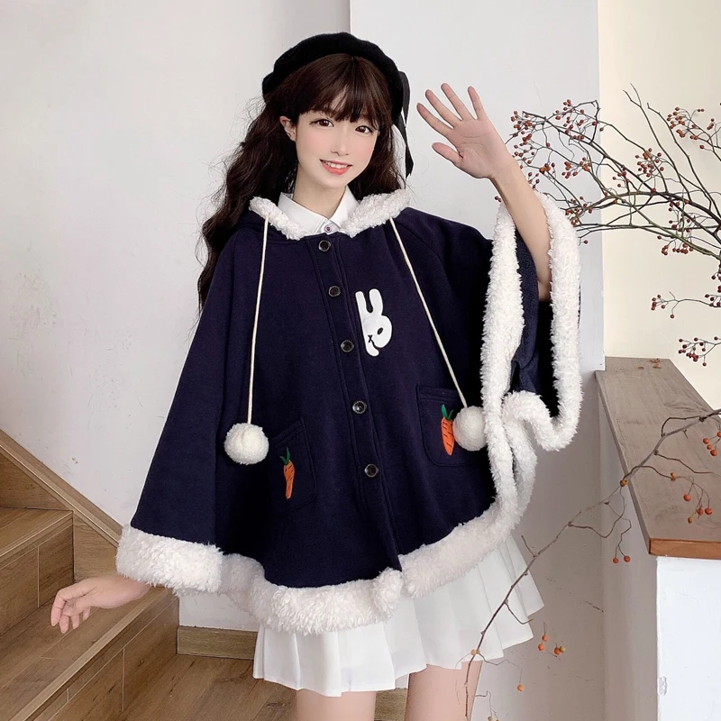 Плащ женский с капюшоном и ушками кролика Мягкая шерстяная куртка в стиле